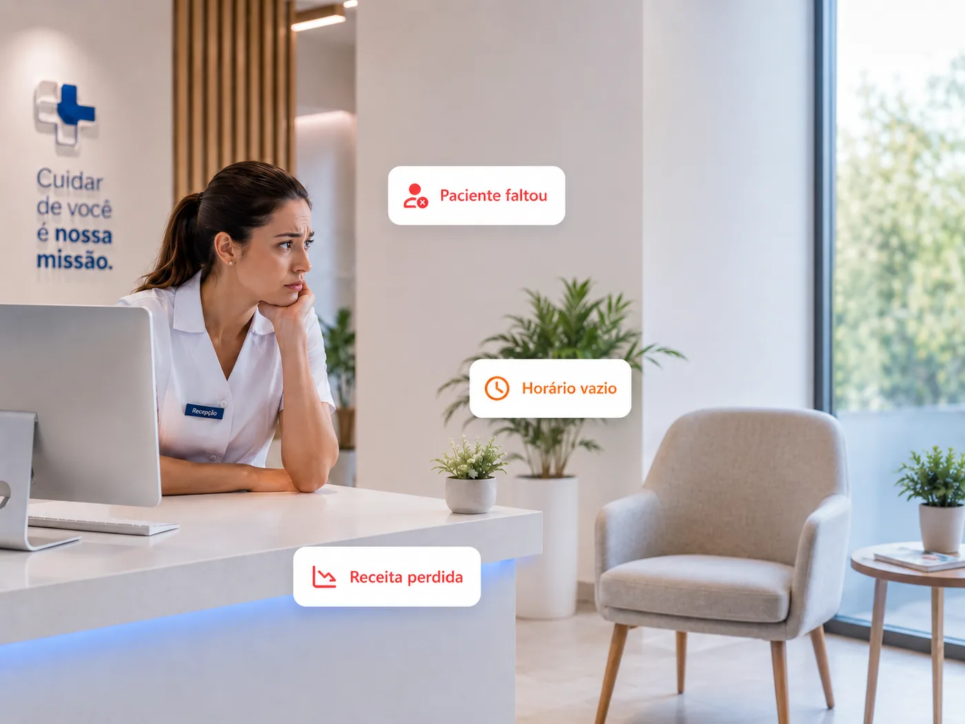 Recepcionista de clínica apreensiva diante do computador, cercada pelos avisos Paciente faltou, Horário vazio e Receita perdida.