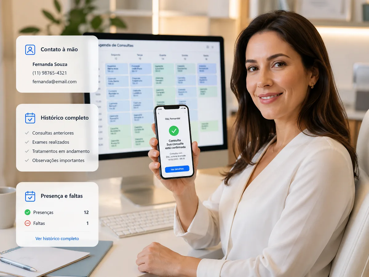 Profissional de clínica mostrando no celular a consulta confirmada de Fernanda Souza, com a ficha do cliente — contato, histórico e presenças — ao lado.
