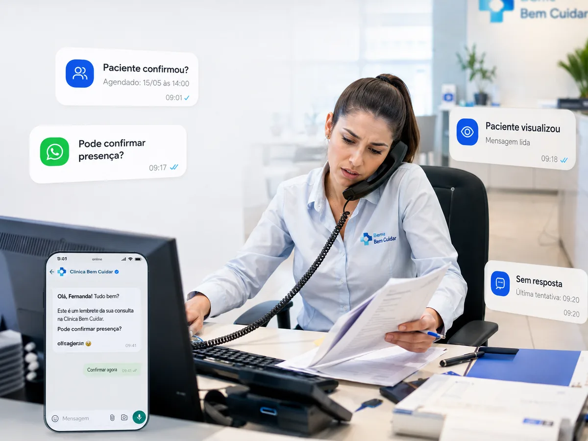 Recepcionista de clínica ao telefone com o lembrete de confirmação do ritmly saindo pelo WhatsApp no celular ao lado.